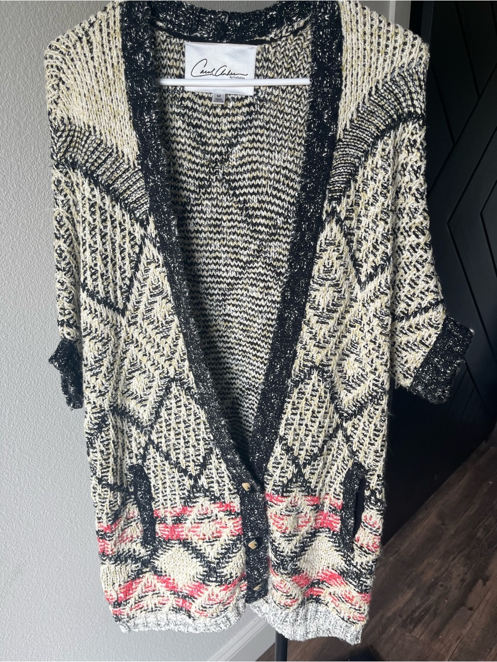 Black & Cream Open Cardigan Sweater with Coral Accents